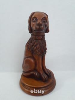 Folk Art Wooden Dog Sculpture Hand Carved Vintage 18.5 in tall on Round Pedestal