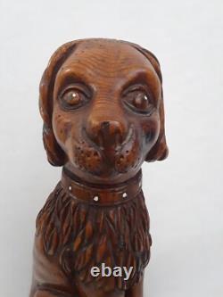 Folk Art Wooden Dog Sculpture Hand Carved Vintage 18.5 in tall on Round Pedestal