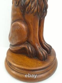 Folk Art Wooden Dog Sculpture Hand Carved Vintage 18.5 in tall on Round Pedestal