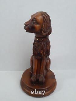 Folk Art Wooden Dog Sculpture Hand Carved Vintage 18.5 in tall on Round Pedestal