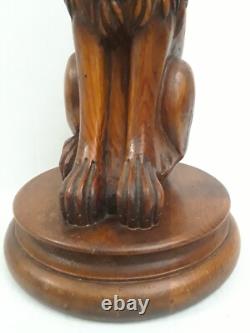 Folk Art Wooden Dog Sculpture Hand Carved Vintage 18.5 in tall on Round Pedestal