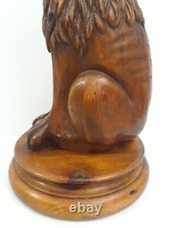 Folk Art Wooden Dog Sculpture Hand Carved Vintage 18.5 in tall on Round Pedestal