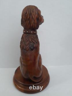 Folk Art Wooden Dog Sculpture Hand Carved Vintage 18.5 in tall on Round Pedestal