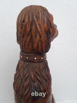 Folk Art Wooden Dog Sculpture Hand Carved Vintage 18.5 in tall on Round Pedestal