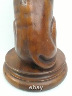 Folk Art Wooden Dog Sculpture Hand Carved Vintage 18.5 in tall on Round Pedestal