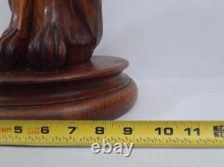 Folk Art Wooden Dog Sculpture Hand Carved Vintage 18.5 in tall on Round Pedestal
