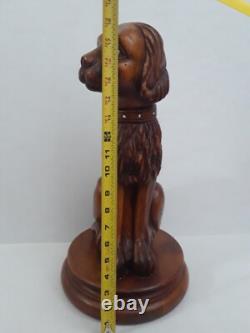 Folk Art Wooden Dog Sculpture Hand Carved Vintage 18.5 in tall on Round Pedestal