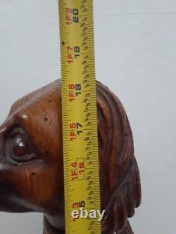 Folk Art Wooden Dog Sculpture Hand Carved Vintage 18.5 in tall on Round Pedestal