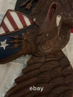 Folk Art carved oak eagle with shield