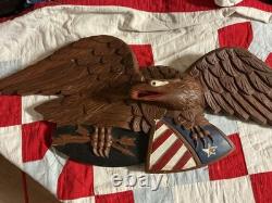 Folk Art carved oak eagle with shield