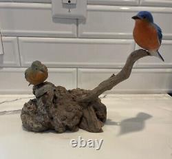 Folk Artist PHILLIP E. BROWN NORTH CAROLINA CARVED PAINTED Blue Birds Driftwood