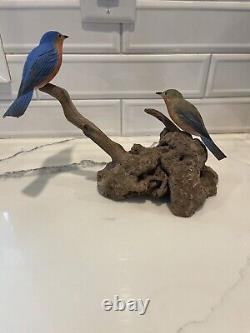 Folk Artist PHILLIP E. BROWN NORTH CAROLINA CARVED PAINTED Blue Birds Driftwood