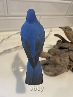 Folk Artist PHILLIP E. BROWN NORTH CAROLINA CARVED PAINTED Blue Birds Driftwood