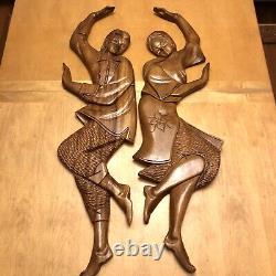 Folk Dancers Wooden Filipino Wall Art Carved Man & Woman 1970s Vintage 40 Tall