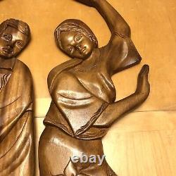 Folk Dancers Wooden Filipino Wall Art Carved Man & Woman 1970s Vintage 40 Tall