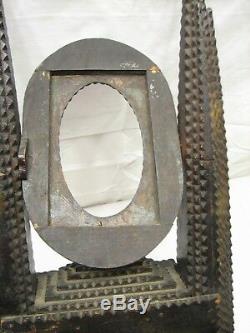 Folk Tramp Art Americana Cigar Dresser Trinket Box Chip Carved Clock/Mirror