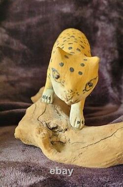 Folk art wood carving of Spotted wild cat by Ted Smith of Swannanoa, NC, 1993