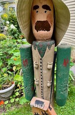 Four Foot Tall Wood Figure Of Fisherman Folk Art Hand Carved Primitive Style