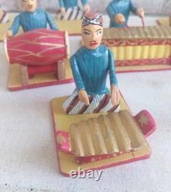 Full Set Of 17 Wooden Hand Carved Musicians Mid-century Rare Vintage Folk Art