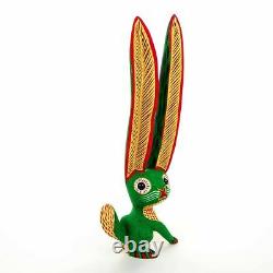 GREEN RABBIT Oaxacan Alebrije Wood Carving Mexican Art Animal Sculpture Painting