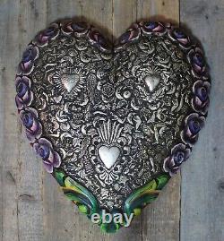 Giant Handmade Carved Heart Roses & Milagros Wood Mexican Folk Art Michoacán