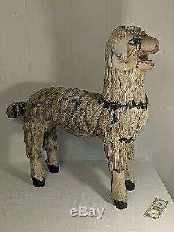 Gorgeous Large Antique Carved Wood Painted Sheep Lamp Nativity Folk Art