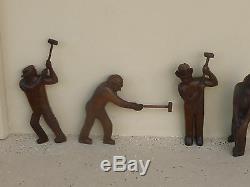 Great 9 Wpa Ashcan School Folk Art Wood Carvings Of Workers W Sledge Hammers