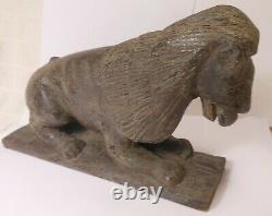 Great Antique Folk Art Carved Wood Recumbent Lion, Good Old Surface