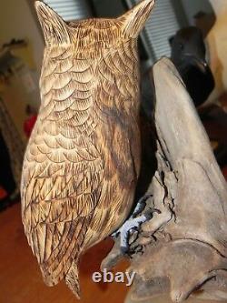 Great Horned Owl BEAUTIFUL Carved Painted Wood Folk Art Bird MAINE Artist LOOK