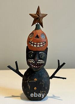 Greg Guedel Folk Art Original Carved Wood Cat Jack O'lantern Vtg Signed & Dated