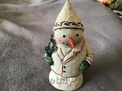 Greg Guedel Folk Art Original Carved Wood Snowman, Early piece Signed & Dated