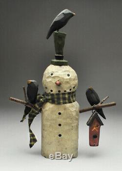 Greg Guedel Folk Art Original Carved Wood Snowman, Early piece Signed & Dated