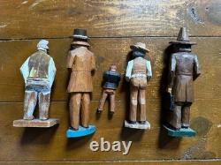 Group 1930s Antique Folk Art Hand Carved Wood Figurines Sculptures Men Painted
