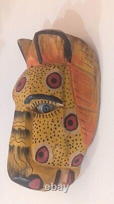 Guatemala Folk Art Carved Wood Jaguar Leopard Cat Head Face Mask Wall Hanger