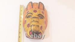 Guatemala Folk Art Carved Wood Jaguar Leopard Cat Head Face Mask Wall Hanger