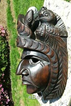 Guatemalan hand carving Wood Mask Mayan folks art Kukulkan chief Portrait