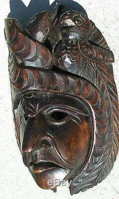 Guatemalan hand carving Wood Mask Mayan folks art Kukulkan chief Portrait