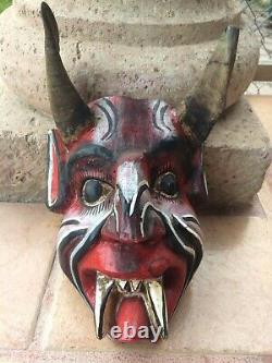 Guerrero Mexican Folk Art Carved Wood Diablo/Devil Dance MASK Real Goat Horns