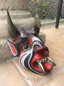Guerrero Mexican Folk Art Carved Wood Diablo/Devil Dance MASK Real Goat Horns