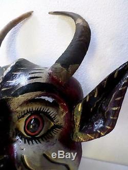 Guerrero Mexican Folk Art Carved Wood Mask Devil Diablo Rattles Real Goat Horns
