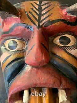 Guerrero Mexican Folk Art Carved Wood Mask Devil Diablo Real Goat Horns