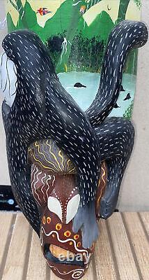 Guerrero Mexican Folk Art Carved Wood Mask, Face with Monkey- 12 Jungle Scene