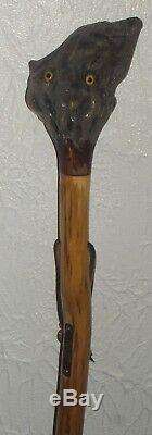 HAND CARVED PRIMITIVE WALKING STICK CANE FOLK ART WITH EYES Rare One Of A Kind