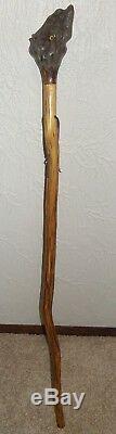 HAND CARVED PRIMITIVE WALKING STICK CANE FOLK ART WITH EYES Rare One Of A Kind