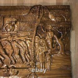 HAND CARVED WOOD Wall Hanging Relief Plaque Paete BAYANIHAN Mahogany Huge 40