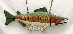 HAND CARVED Wood & Metal RED COHO SALMON Advertising FOLK ART 28 sign FISH