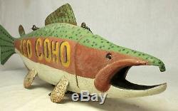 HAND CARVED Wood & Metal RED COHO SALMON Advertising FOLK ART 28 sign FISH