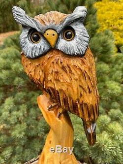 HORNED OWL Chainsaw Carving WHITE PINE WOOD Owl Sculptures ORIGINAL Folk Artwork