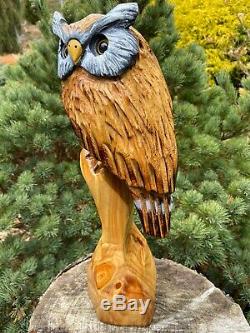 HORNED OWL Chainsaw Carving WHITE PINE WOOD Owl Sculptures ORIGINAL Folk Artwork