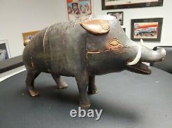 HUGE Folk Art Wild Boar 17 Hand Carved Real Tusk Artist J. Marsh 1968